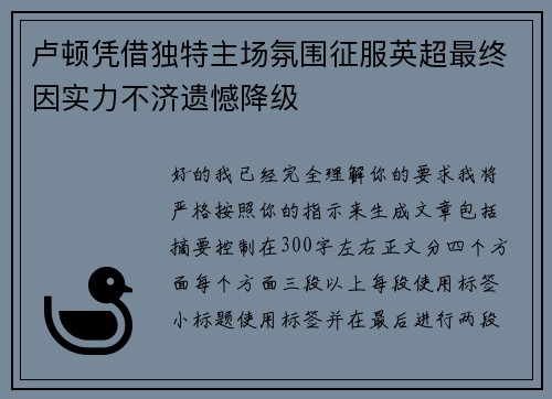 卢顿凭借独特主场氛围征服英超最终因实力不济遗憾降级